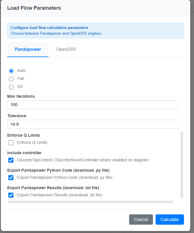 Load flow parameters: Pandapower and OpenDSS options