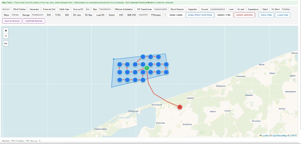 Map editor: place turbines and cables on a geographic map, then generate the electrical model