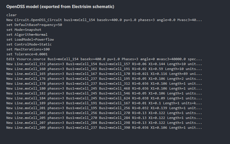 OpenDSS script generated from the Electrisim single-line diagram