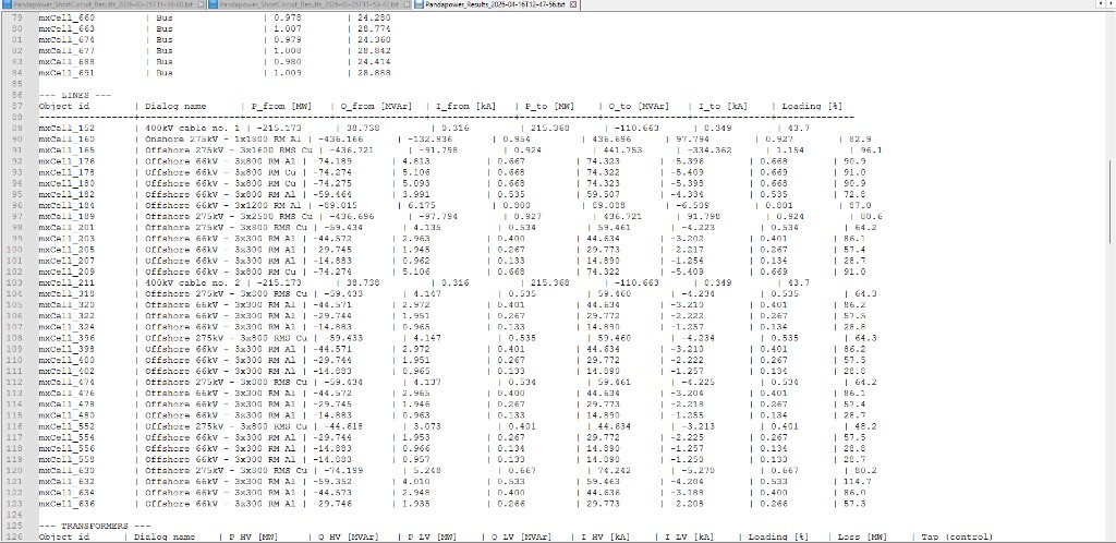 Pandapower text export: line flows, loading, and transformer results