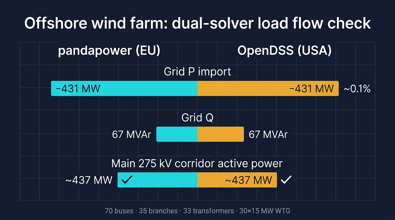 Infographic comparing pandapower and OpenDSS load flow results for an offshore wind farm model