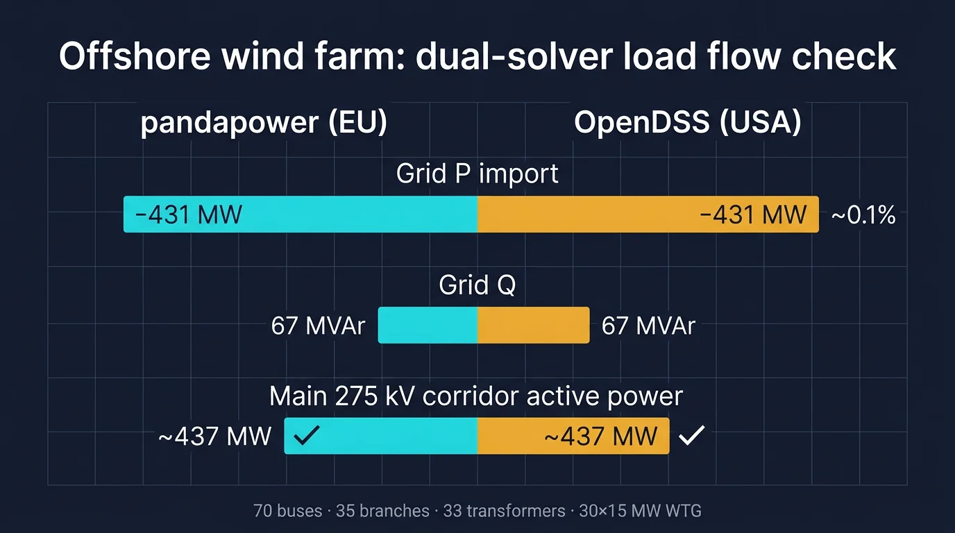 pandapower vs OpenDSS dual-solver load flow validation for offshore wind